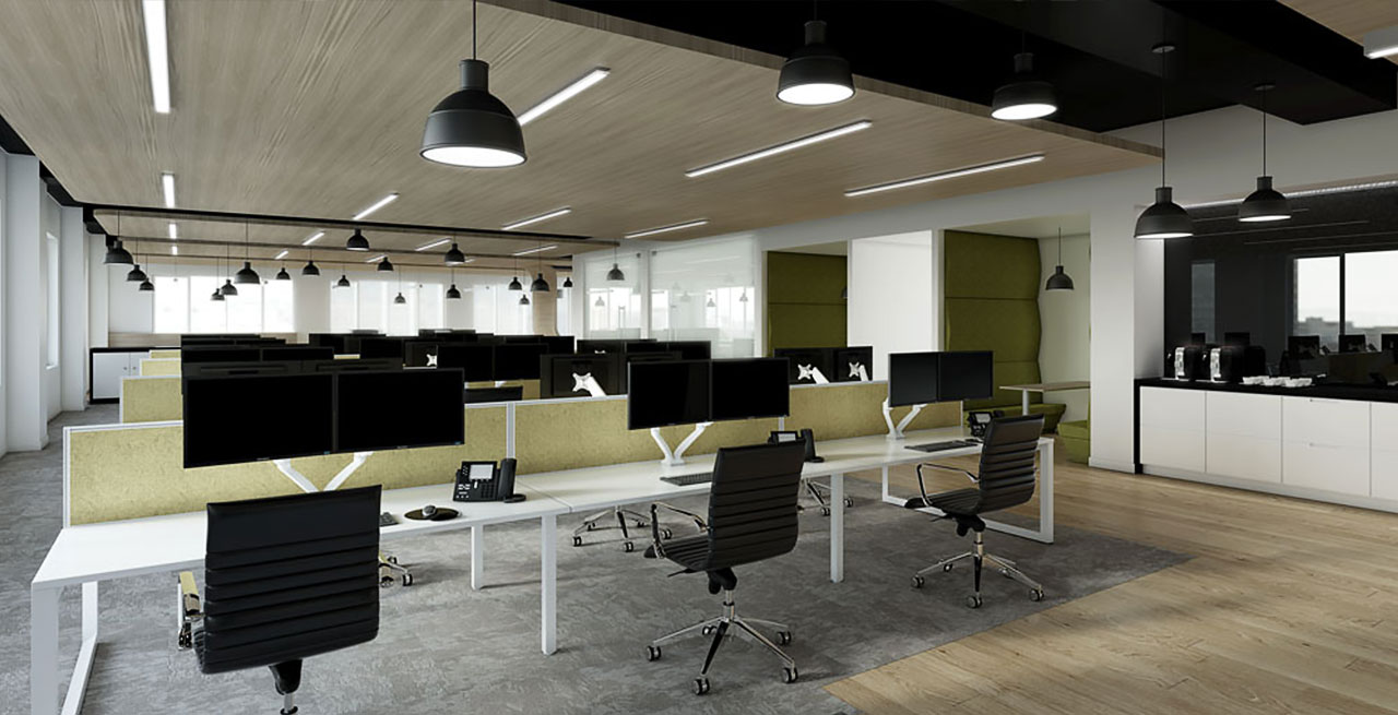 An office space with workstations and chairs